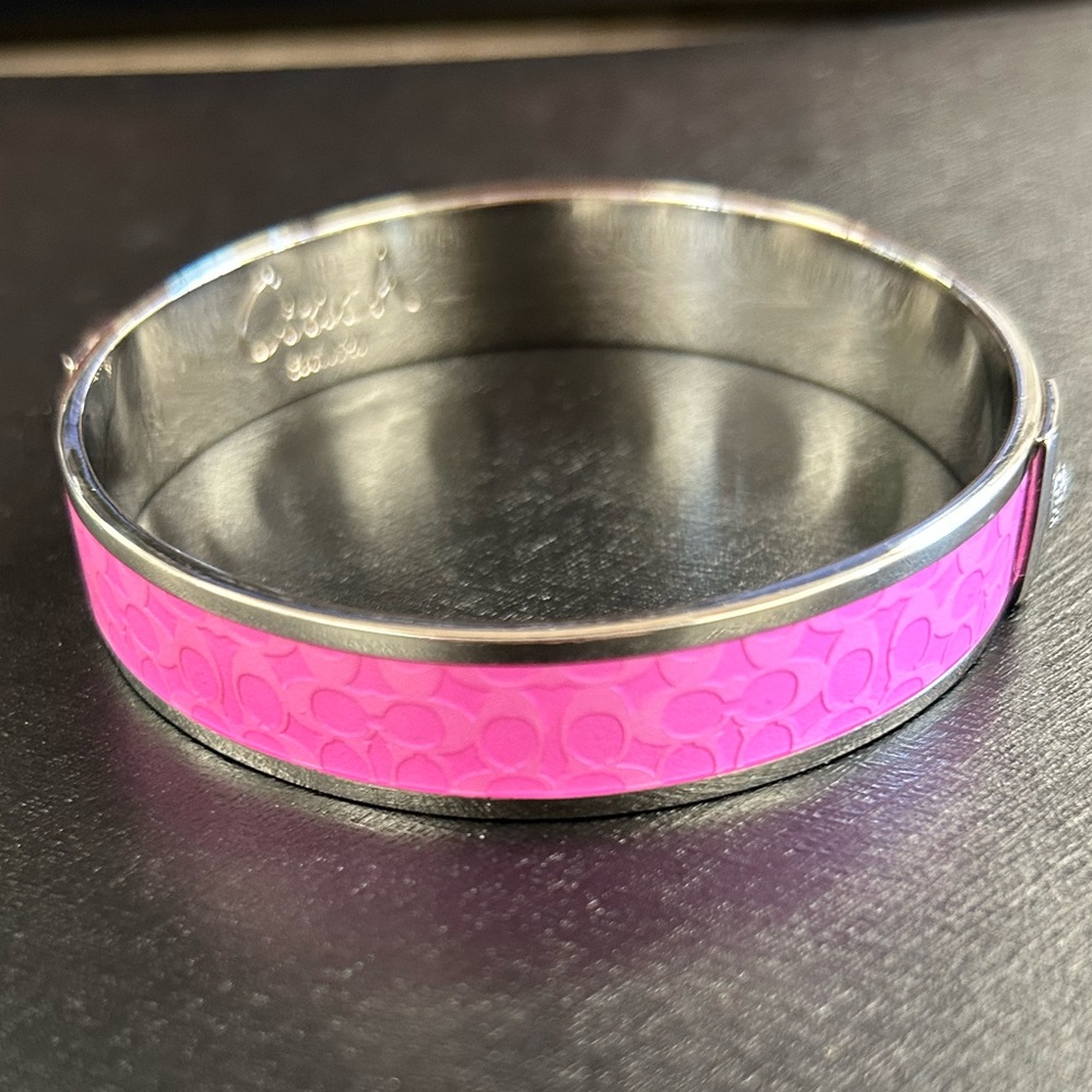 Coach Vintage Pink Enamel and Silver Signature C Bangle Bracelet